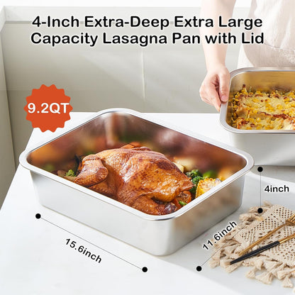 Skiennix 4-Piece Extra Deep Lasagna Pan Set - 11.6x15.6 Inch Nonstick Stainless Steel with Lid | 9.2QT Capacity