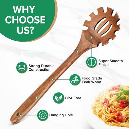Wooden Pasta Spaghetti Spoon with Teeth, Teak Slotted Pasta Spaghetti Strainer Spoon for Cooking Serving Collecting, Wooden Pasta Fork Server Utensil with Claws, Wood Noodle Strainer,12.8″, Brown