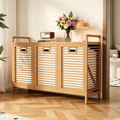 Bamboo Hidden Tilt-Out Laundry Hamper, 3 Compartment Laundry Sorter with Removable Waterproof Liner, Slim Organizer for Bathroom Bedroom Laundry Room