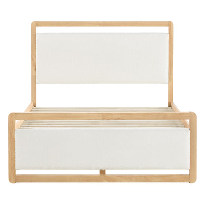 KISLOT Queen Wood Platform Bed Frame with Boucle Upholstered Headboard, Mid-Century Modern Bed with USB Charging Station, Solid Wood Slat Support, Noise-Free, No Box Spring Needed, Natural