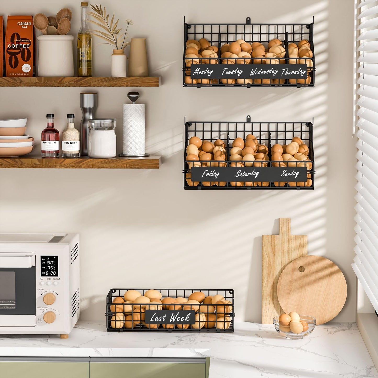 keomaisyto Egg Holder Countertop with 5 Dividers & DIY Nameplate to Separate Eggs, 3 Tier Stackable Wire Storage Baskets for Gathering Fresh Eggs, XXL Large Egg Rack, Wall-Mounted (Patent Pending)