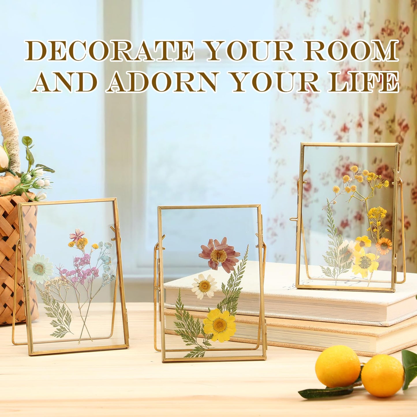 Vicenpal 3 Pack Glass Pressed Flower Frame Handmade, 4 x 6 floating Picture Frames for Pressed Flowers, Brass Double Glass for Tabletop Display, Home Office Plant Specimen, Photos(Gold)