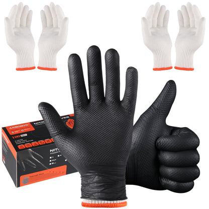 ANBOSON BBQ Gloves for Grilling Disposable Heat Resistant - 100 Nitrile Gloves + 4 Reusable Cotton Liners for Barbecue Smoker, Cooking Hot Meat - 10Mil Thick, Non-Slip Grip - Black Large