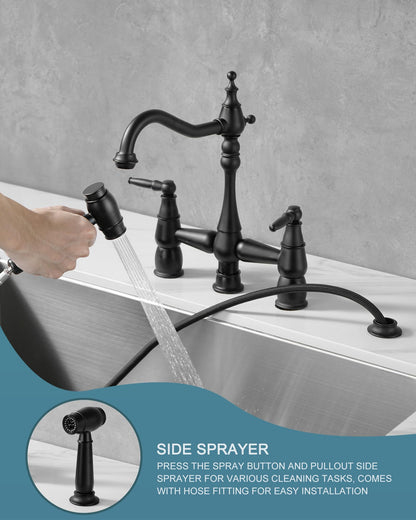 ALEASHA Bridge Centerset Kitchen Sink Faucet, Deck Mount Brass Kitchen Faucet with Side Sprayer, 2 Handle 4 Hole 360° Swivel Vintage Farmhouse Copper Faucet, Matte Black