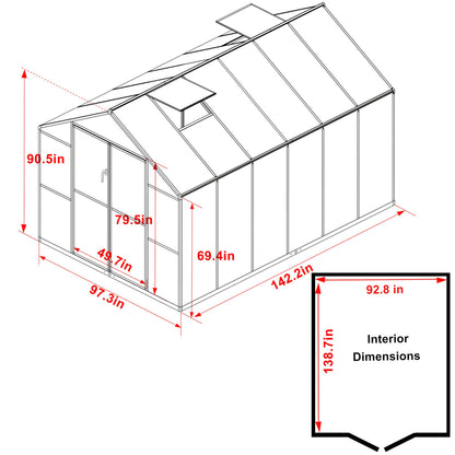 VEIKOU 8x12 FT Polycarbonate Greenhouse for Outdoors, Outdoor Greenhouse Kit with 2 Adjustable Vents, Riveted Structure, Aluminum Frame, Walk-in Green House for Backyard, Garden, Gray