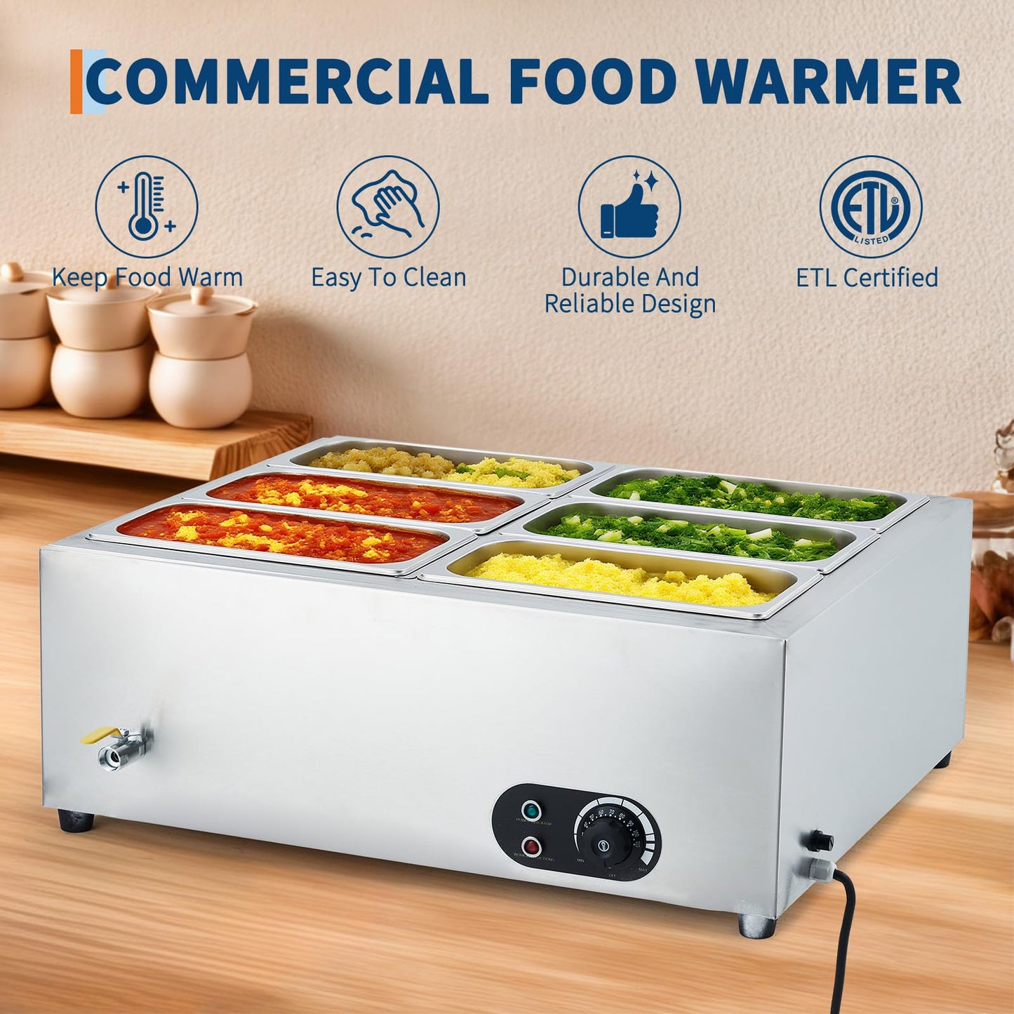 6-Pan Commercial Food Warmer, Portable Stainless Steel Countertop Buffet Server with Adjustable Temperature for Parties, Catering, and Home Gatherings