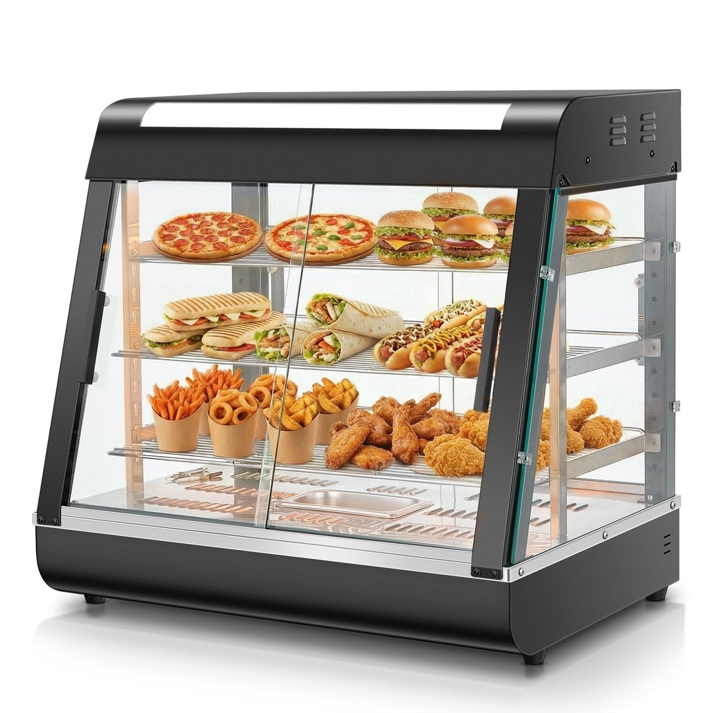 Commercial Food Warmer 26", 3-Tier Heated Display Case with Water Tray, 1200W Pizza Pastry Warmer, Adjustable Thermostat 86-185°F, LED Lighting, Removable Shelves for Buffet, Bakery, Catering