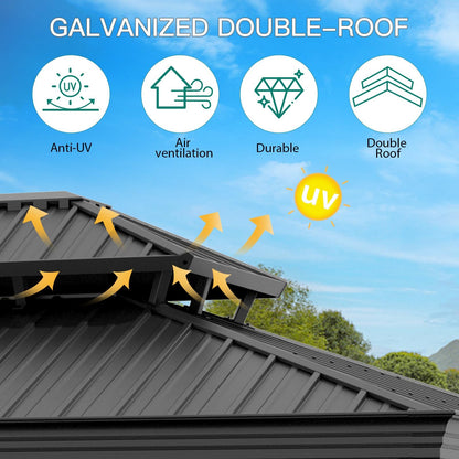 GAOMON Heavy Duty Aluminum Hardtop Gazebo with Double Metal Roof – Mosquito Netting & Privacy Curtains – Durable Outdoor Pavilion for Patio, Garden, Deck, Backyard, Lawn – Black Spray, Gray Cloth,