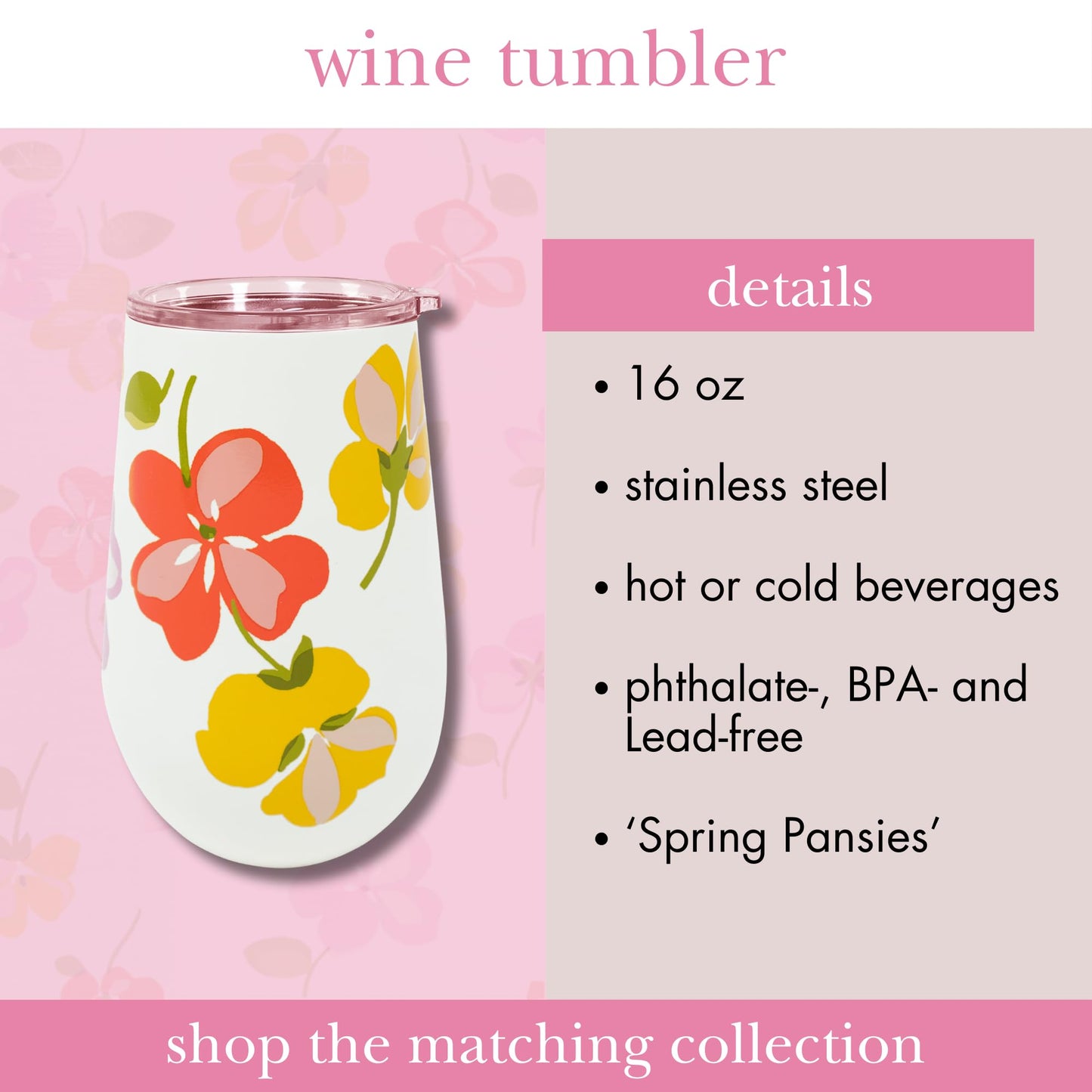 kate spade new york Insulated Stainless Steel Wine Tumbler, 16 Ounce Double Wall Tumbler, Floral Stemless Travel Cup with Lid (Spring Pansies)
