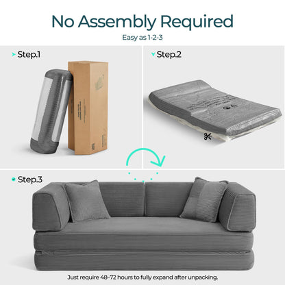 LINSY Home 79" Convertible Sofa Bed, 4-in-1 Corduroy Boneless Couches for Living Room, Folding Queen Size Futon, Floor Mattress Loveseat Sofa Bedroom Apartment Lounge, 2 Pillows, Grey