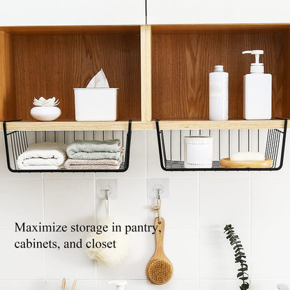 Tebery 4 Pack Black Under Shelf Wire Basket, Hanging Storage Baskets Under Cabinet Add-on Storage Racks, Slide-in Baskets Organizer for Kitchen Pantry Desk Bookshelf