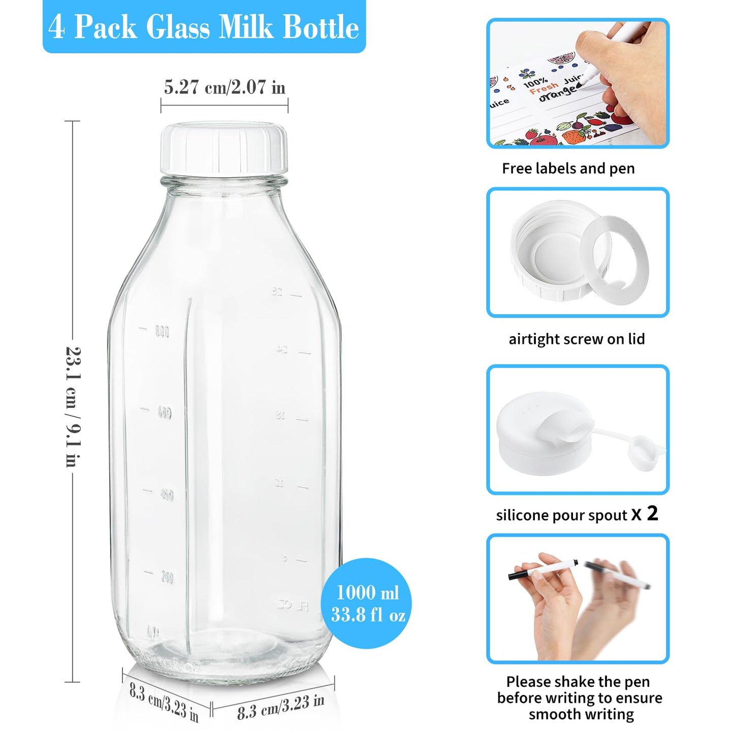 4 Pack 1 Liter Glass Milk Bottles w Scale, 100% Airtight Heavy Duty Screw Lid - 32 Oz Drinking Jars w 2 Pour Spouts - Glass Bottles for Milk, Honey, Jam, Creamer - Dishwasher Safe(Extra 2 Lids)