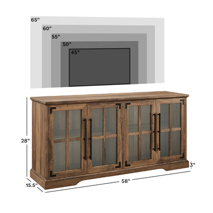 Walker Edison Farmhouse Barn Glass Door Wood Universal TV Stand for TV's up to 64" Flat Screen Living Room Storage Cabinet Doors and Shelves Entertainment Center, 58 Inch, Rustic Oak