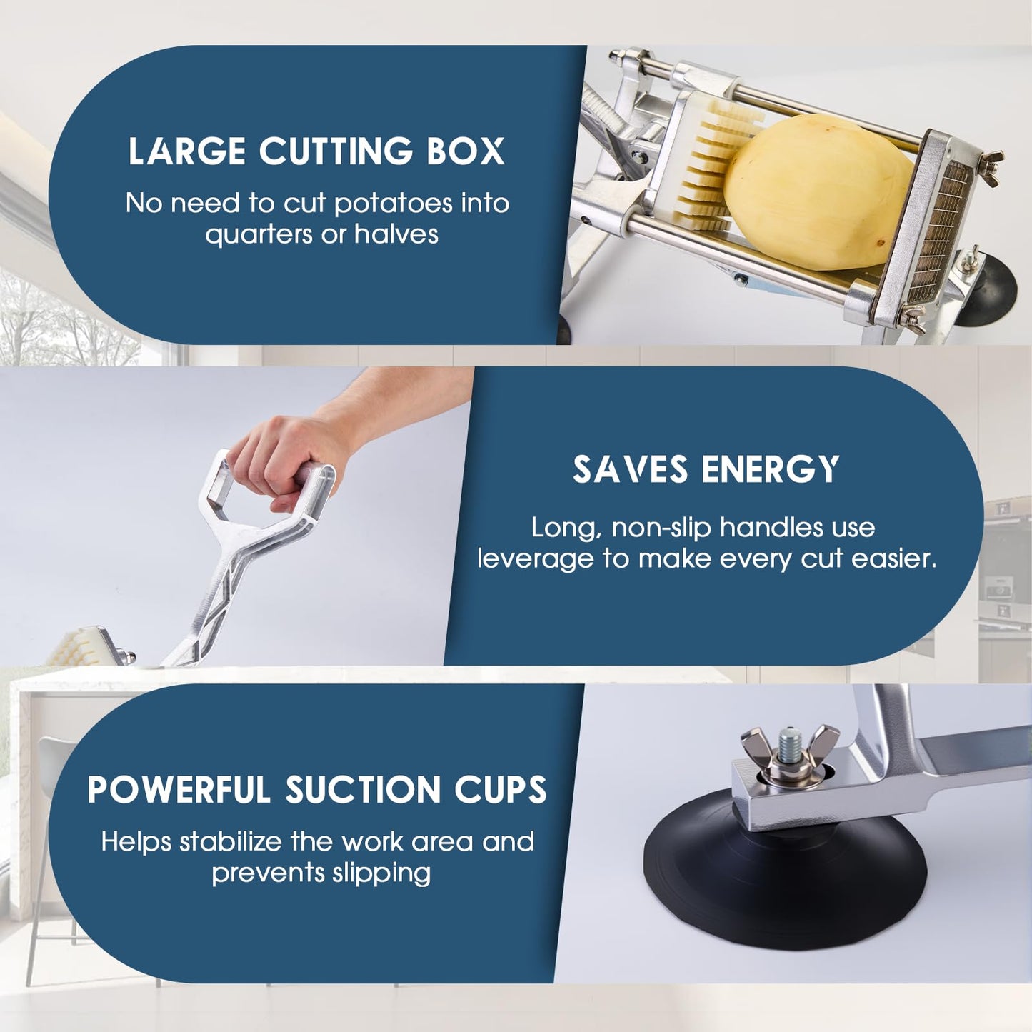 YODHOSA Commercial French Fry Cutter Stainless Steel Potato Cutter with 1/2,1/3,3/8 Inch Blade and 8-wedge balde, Heavy Duty Potato Slicer Manual Potato Chopper Set for Sweet Potato, Carrot, Cucumbers