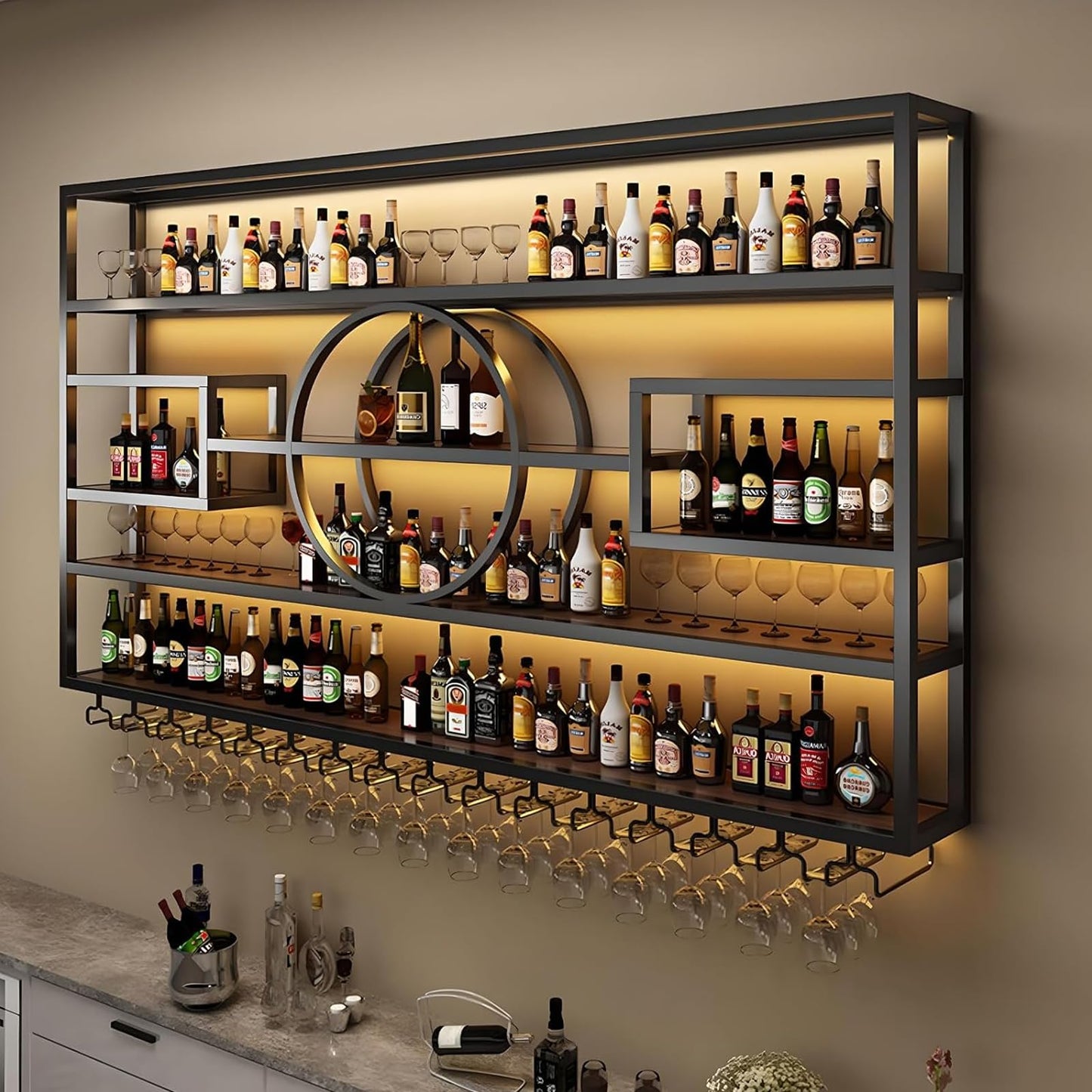 GKBRSU Modern Wall Mounted Wine Rack with LED Light, Large Industrial Metal Wine Bottle Holder with Glass Hanger, Floating Bar Shelves for Home Bar Decor, Black 63x8x51in (Black, 63 in)