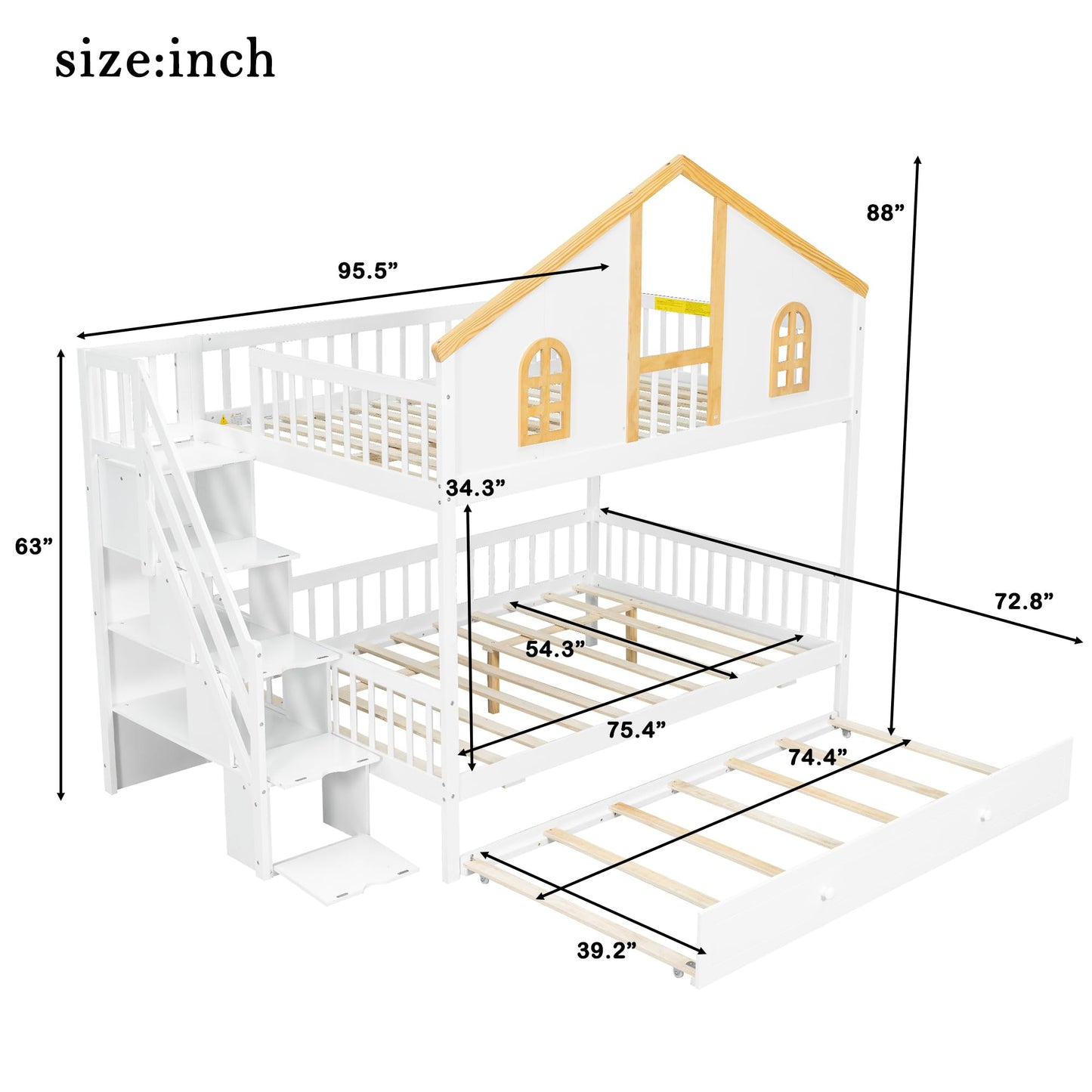 Merax Full Over Full Wooden Bunk Bed with Trundle and Storage Staircase, Full Size House Bunk Bed Frame with Window Door Guardrails for Teens, Boys, Girls Bedroom, White+Natural
