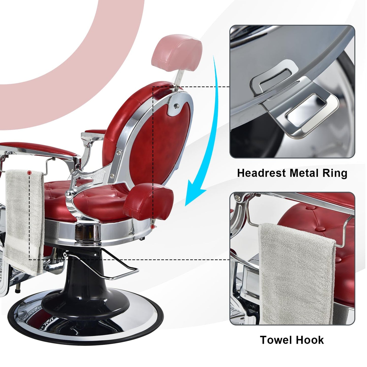 GLOBALWAY Vintage Barber Chair, Salon Chair, Hydraulic Recline Beauty Spa Styling Equipment W/Adjustable Height & Headrest, Rotated Foot Pedal, Hairdressing Tattoo Beauty Spa Equipment (Red)
