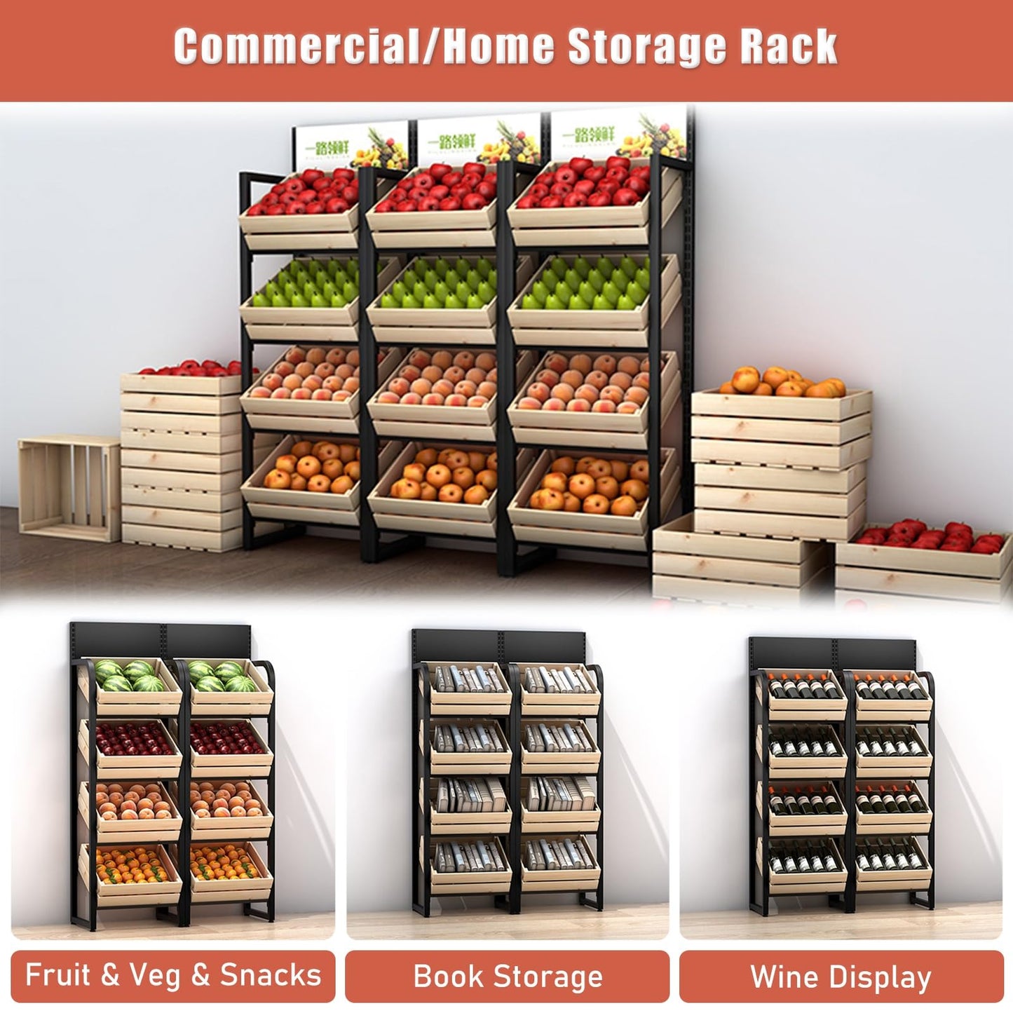 ZJKXJH 4 Tier Wood Fruit and Vegetable Basket Stand Rack, Commercial Produce Potatoes and Onions Floor Storage, Detachable Supermarket Retail Display Holder/Wine Shelf(Black Rack+Wooden Basket)