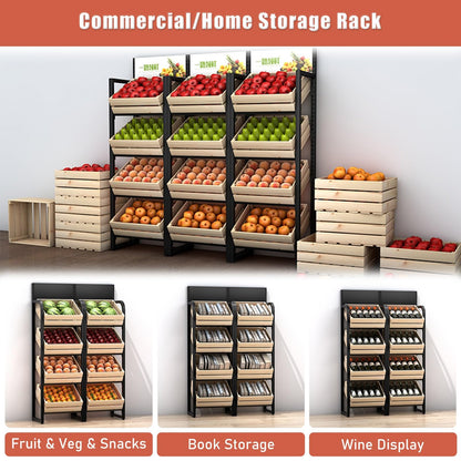 ZJKXJH 4 Tier Wood Fruit and Vegetable Basket Stand Rack, Commercial Produce Potatoes and Onions Floor Storage, Detachable Supermarket Retail Display Holder/Wine Shelf(Black Rack+Wooden Basket)