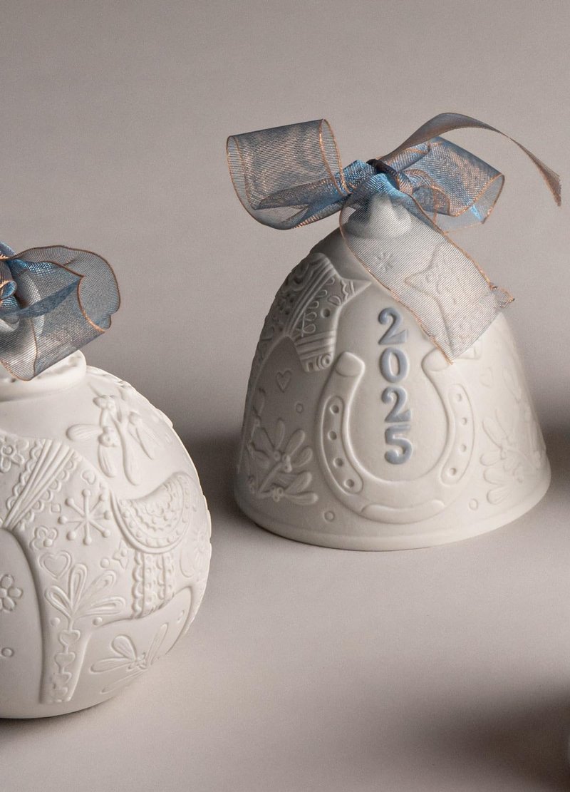 LLADRÓ Blue 2025 Christmas Bell. Decorative Ornament in Matte Porcelain with Blue Details. Porcelain Christmas Bell