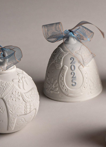 LLADRÓ Blue 2025 Christmas Bell. Decorative Ornament in Matte Porcelain with Blue Details. Porcelain Christmas Bell