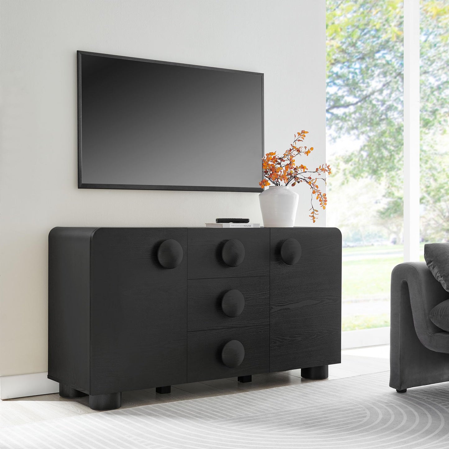 Modway Sonnet Retro Curved Sideboard in Black – 57 Inch Modern Buffet Cabinet with Circle Knobs – Credenza Cabinet with 3 Drawers – TV Stand Media Cabinet for Living Room, Home Office, Lounge Area