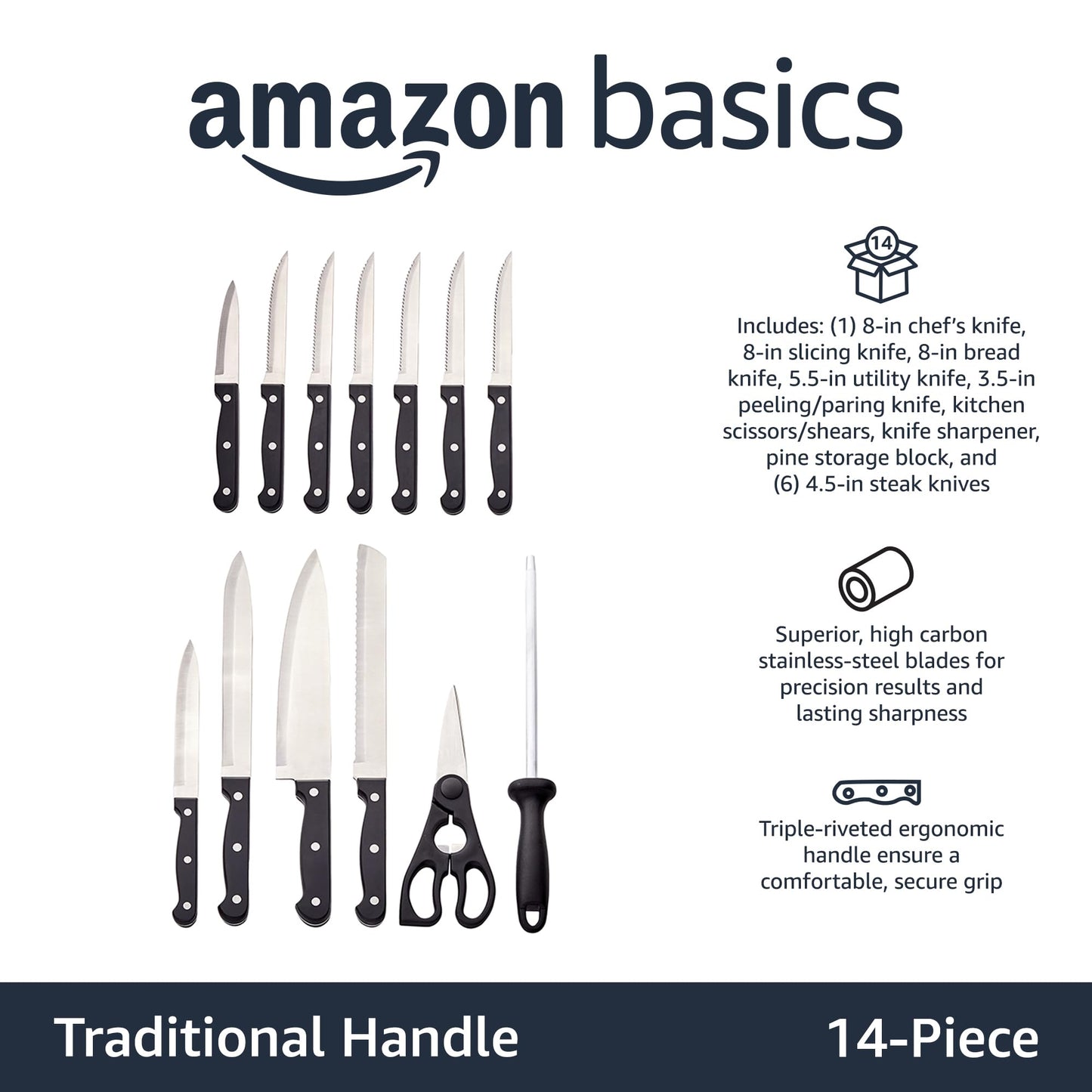 Amazon Basics 14-Piece High Carbon Stainless Steel Kitchen Knife Set with Full Tang Construction, Ergonomic Handles, Sharpener and Pinewood Block, Black