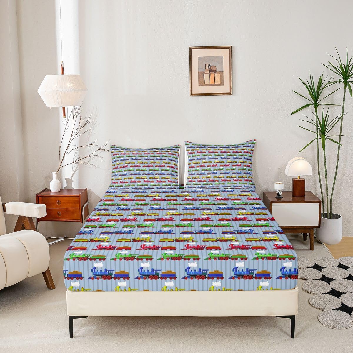 Set 1 Train Bedding Twin,Construction Train Bed Sheets Colorful Cartoon Smoking Steam Engine Fitted Bed Sheet for Kids