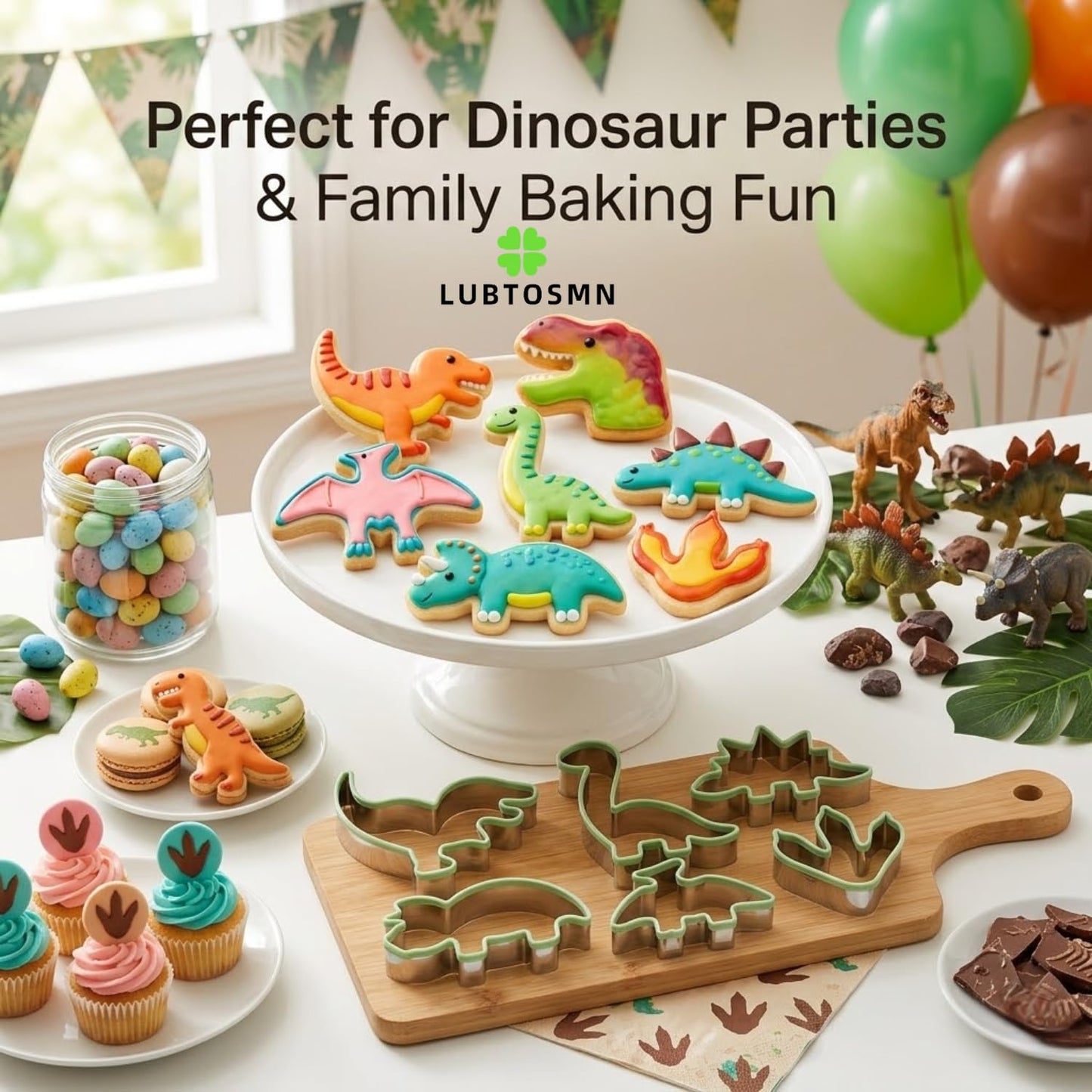 LUBTOSMN New 7 Piece Dinosaur Cookie Cutters Set with Silicone Protective Rim, Dishwasher Safe Stainless Steel Cookie Cutters for Cookies, Fondant, Sandwiches, Biscuits, Pancakes and Pastries