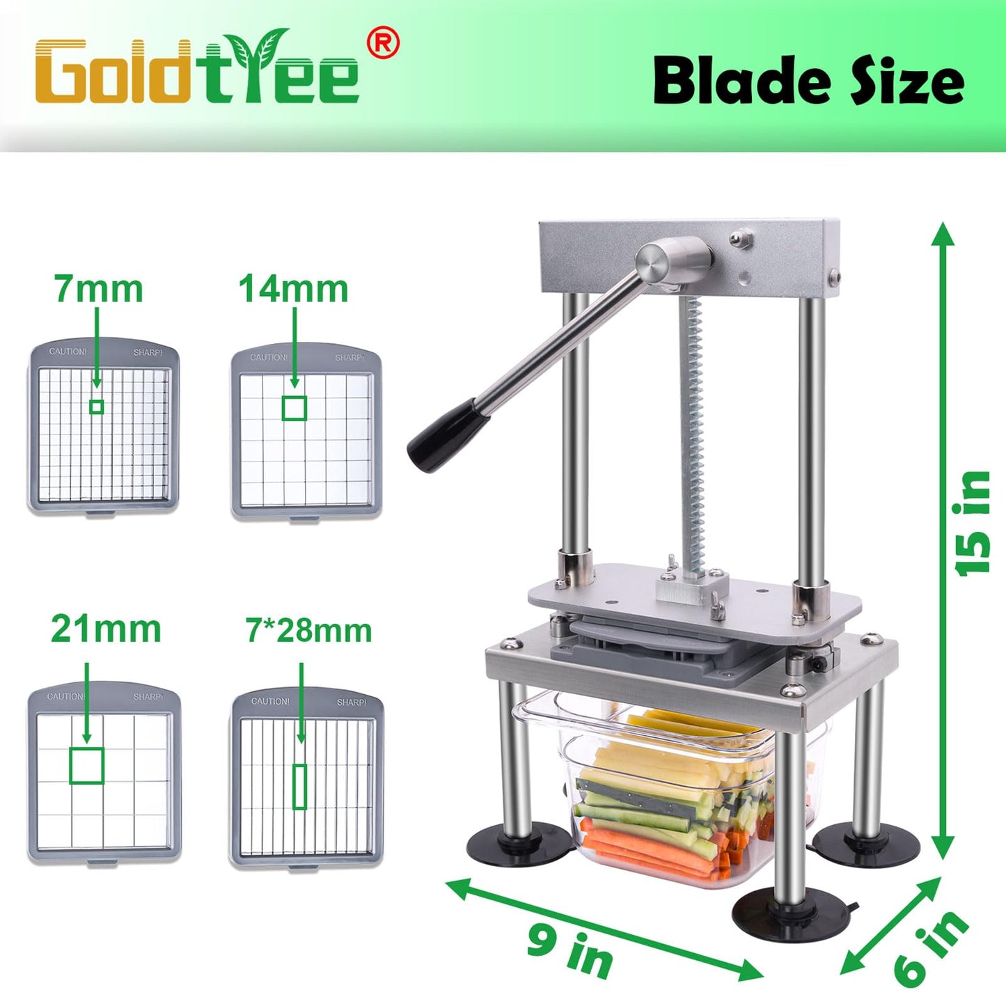 French Fry Cutter Goldtree Commercial Vegetable Chopper Professional Stainless Steel Potato Cutter Food Onion Dicer With 4 Replacement Blades for Tomatoes Fruit Carrots Cucumbers