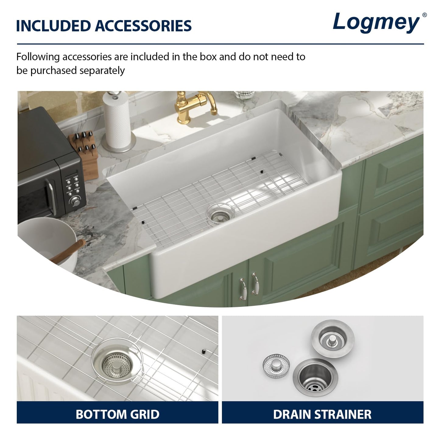 Logmey 33 In White Fireclay Farmhouse Sink with Pop-up Drain & Reversible Design 33x18x10 Durable Ceramic Apron Front Sinks,Easy to Clean,Scratch & Heat Resistant,Ideal for Traditional & Country Style