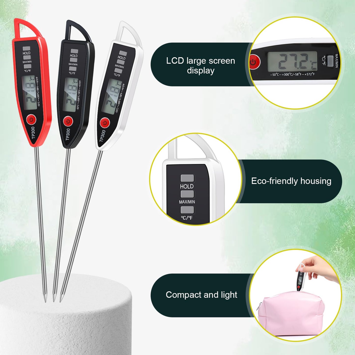 6 Pcs Instant Read Meat Thermometer with Long Probe 9.65 Inch Kitchen Cooking Food Candy Waterproof Digital Thermometer for BBQ Water Milk Yogurt Liquid (Round&Square Ring,Black,White,Red)