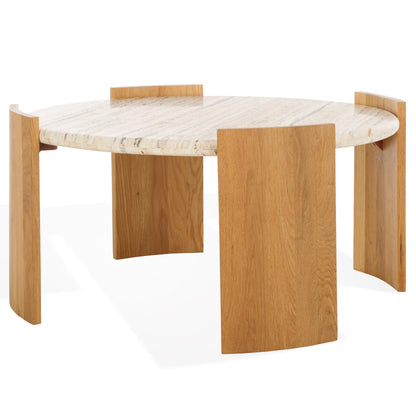 SAFAVIEH Couture Collection - Damarcus Travertine Top Round Coffee Table with Natural Brown Solid Wood Base, Modern Accent Cocktail Table (SFV9731A)