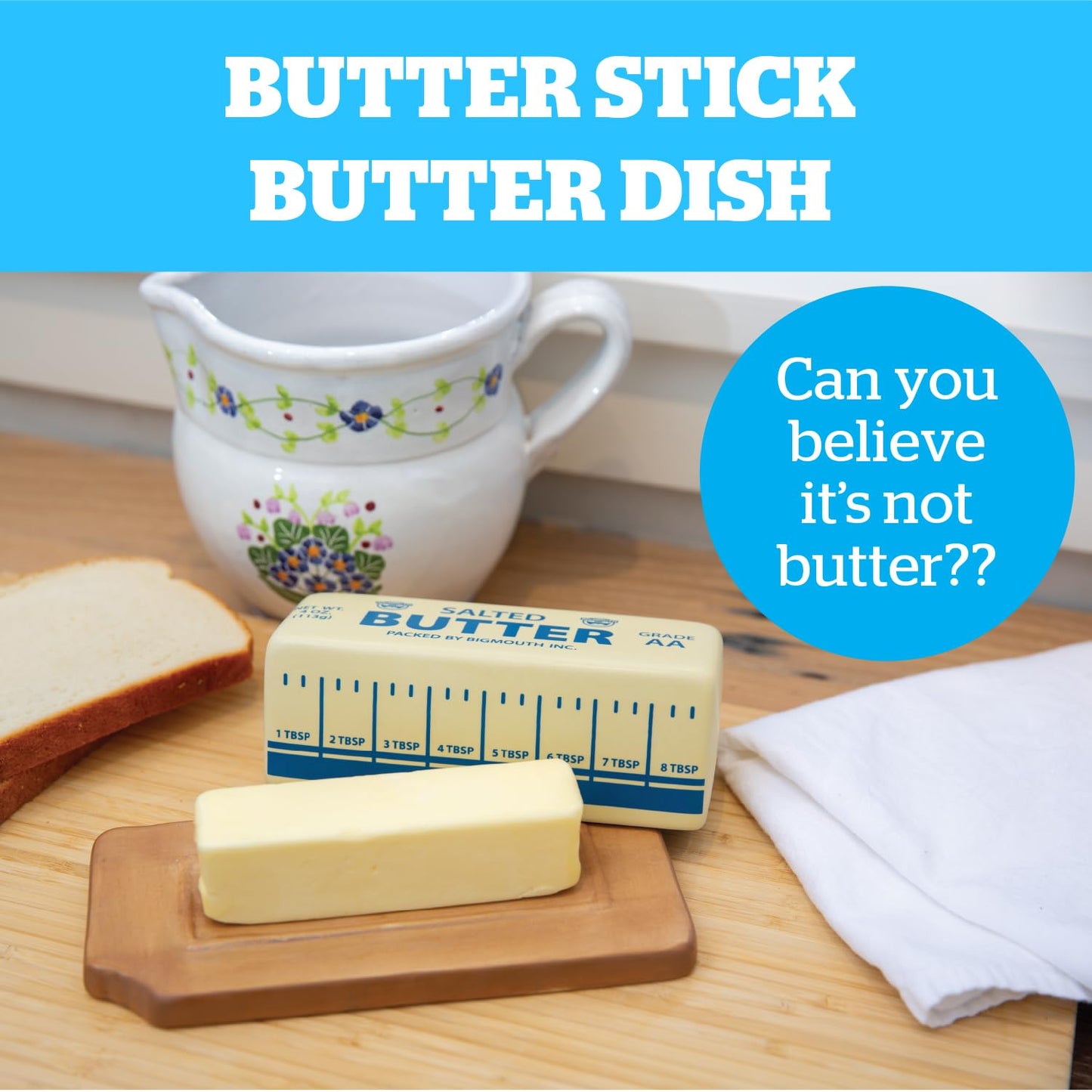 Novelty Butter Dish, Ceramic Butter Stick-Shaped Lid, Holds 1 Stick, Funny Eclectic Kitchen Decor