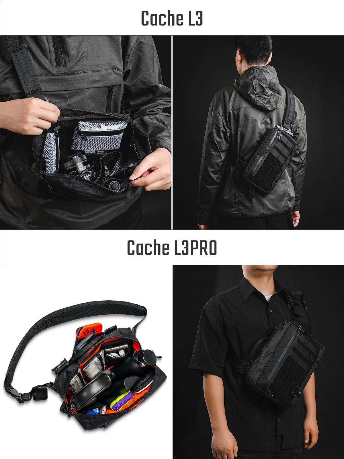 TACTICAL_GEEK L3 Pro EDC Crossbody Bag, Chest Bag with Adjustable Strap,Daily Carry Sling Pack, Large Capacity Daypack Organizer for Camera, Drones（X-PAC Black）