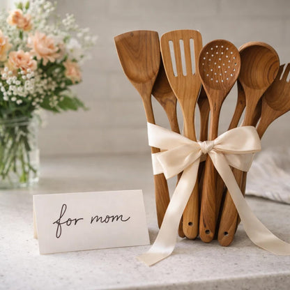 Solange & Frances Teak Wooden Utensil Set. Premium Cooking Utensils, and Non Toxic Cooking Utensils. Unique Gift for Women, Gift for Mom, Gifts for Grandma, or Gifts for Women Who Have Everything
