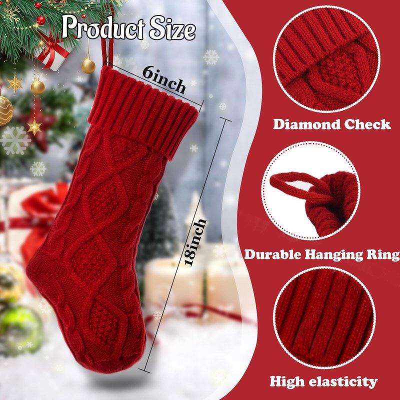 OYB Christmas Stockings，18 Inches Knitted Christmas Stockings，Large Christmas Stockings，Decorations for Family Holiday Xmas Party(Red)