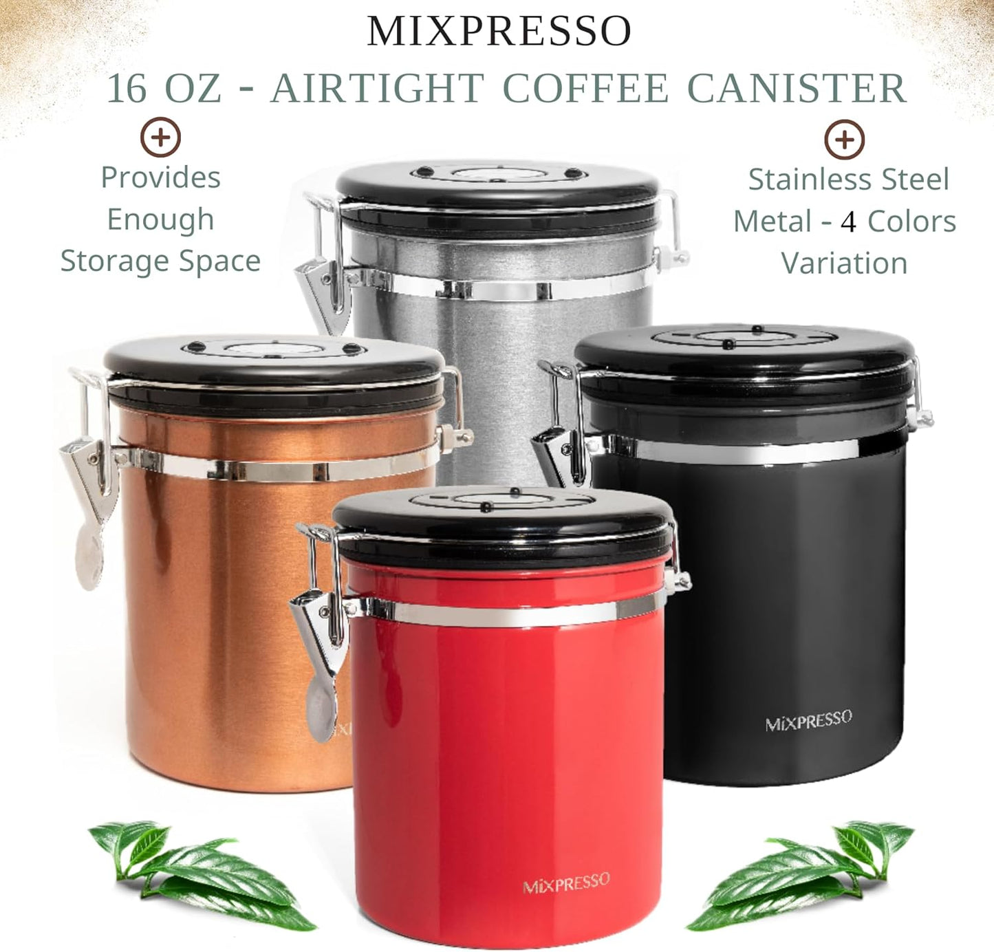 Mixpresso 16 Oz Red Coffee Canister, Stainless Steel Airtight Container with Date Tracker, Vacuum Sealed