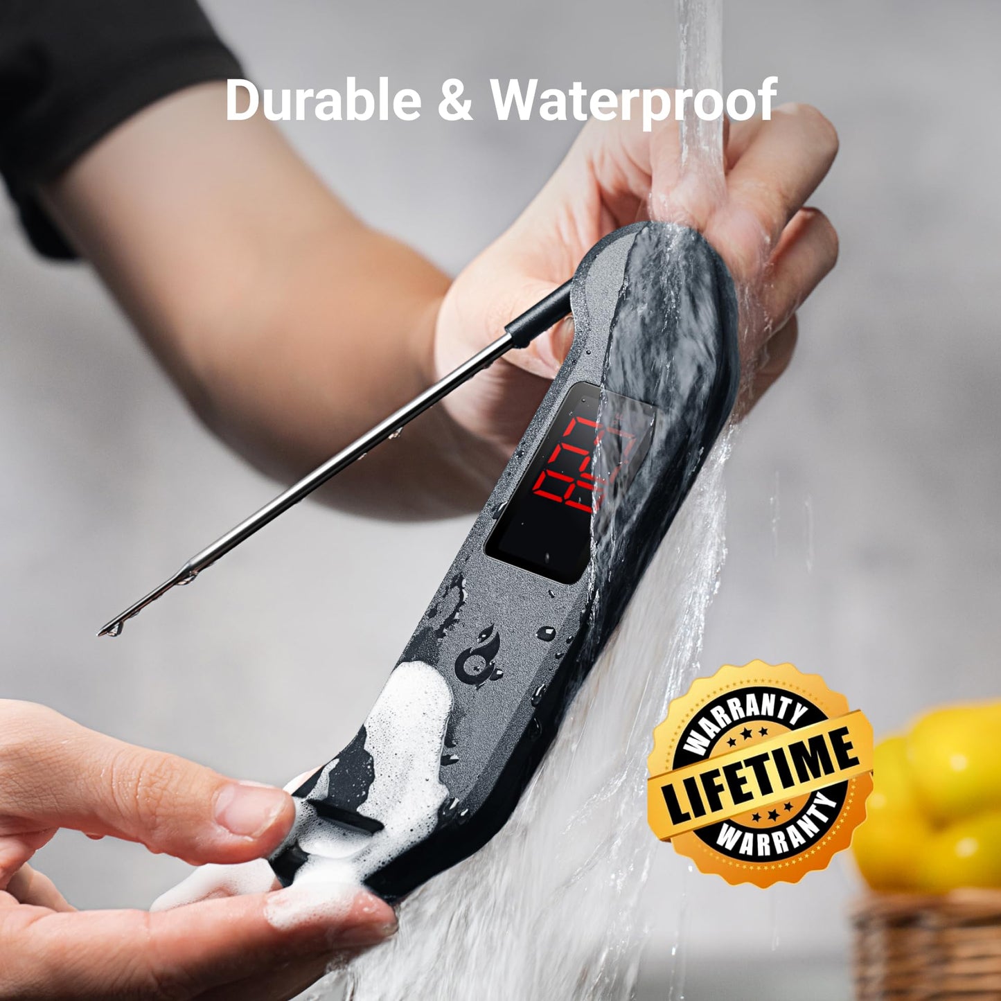 Professional Digital Meat Thermometer, 1 Sec Instant Read, ±0.5℉ Accuracy NIST&NSF Certified Food Thermometer, Auto-Rotate Bright LED Screen, Highly Waterproof Cooking Thermometer for Grill BBQ, Black