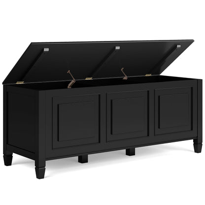 SIMPLIHOME Connaught Storage Bench - 51 inch Wide Solid Wood Trunk Bench in Black, Traditional Bench for Entryway with Lift-Up Lid and 3 Hidden Compartments