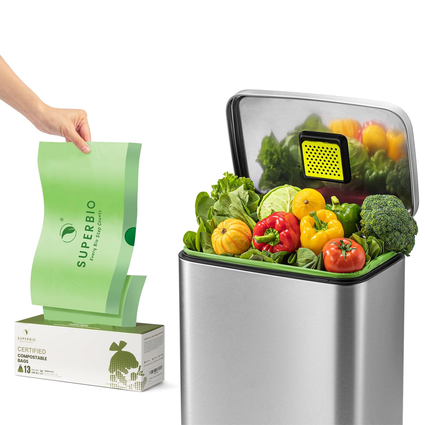 SUPERBIO 13 Gallon Compostable Drawstring Kitchen Waste Bag, 49.2 Liter, 30 Count,1 Mil, Heavy Duty Food Scrap Bags, BPI, Seedling and OK compost INDUSTRIAL