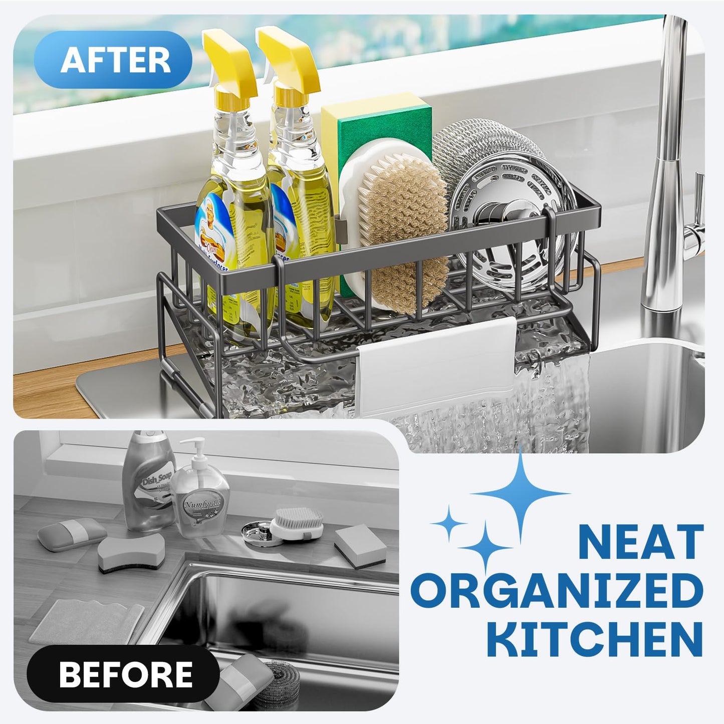 BREIS Kitchen Sink Caddy Organizer with Rag Holder,Self-Draining Sponge Holder for Countertop Soap Dispenser Organizers and Storage Essentials,Kitchen Decor and Accessories