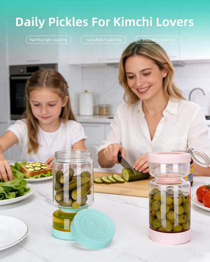 ZENS Pickle Jar with Strainer Flip, 37 oz Hourglass Pickle Juice Separator Container, Airtight Leakproof Lid, Dual Wet-Dry Design, Time Tracker Lid – 2 Pack Olive & Kimchi Jars