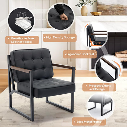 COLAMY Mid Century Modern Accent Chair Set of 2, Comfy Living Room Chair, Black Leather Accent Chair, Faux Leather Reception Armchair with Metal Legs for Living Room Bedroom Reception Office, Black