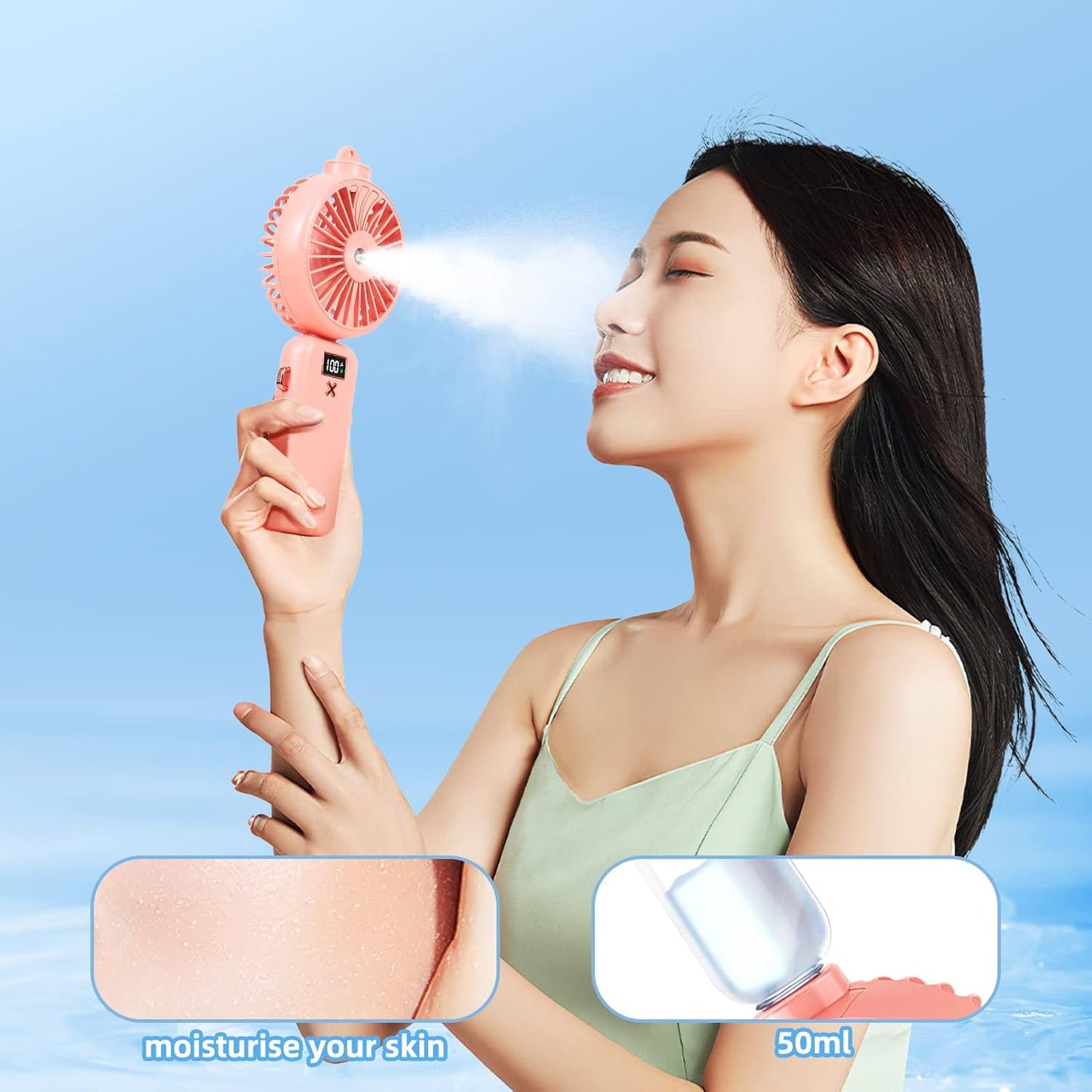 Handheld Fan Portable Misting Fan, Rechargeable Personal Mister with 5 Speeds, 3000mAh Battery, Pink