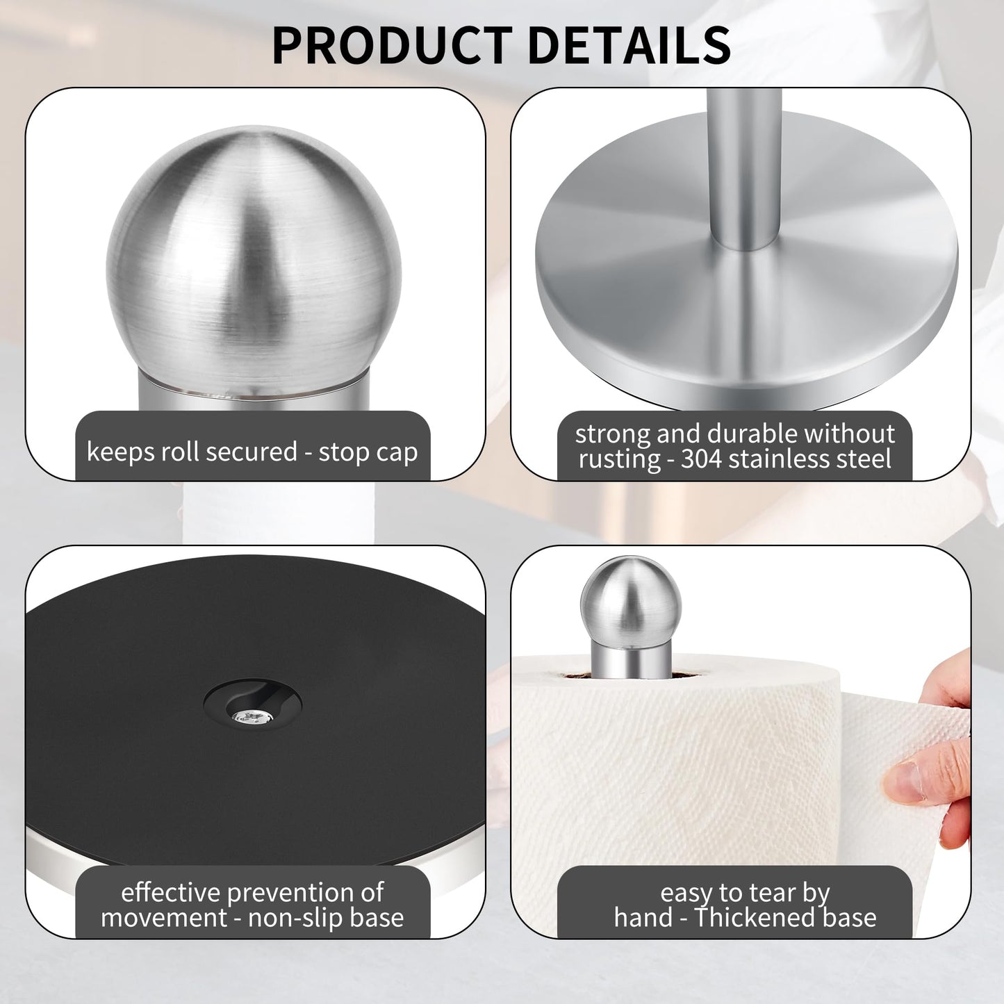 Paper Towel Holder Countertop, Paper Towel Holder with Solid Weighted Base, for Standard and Large Size Rolls