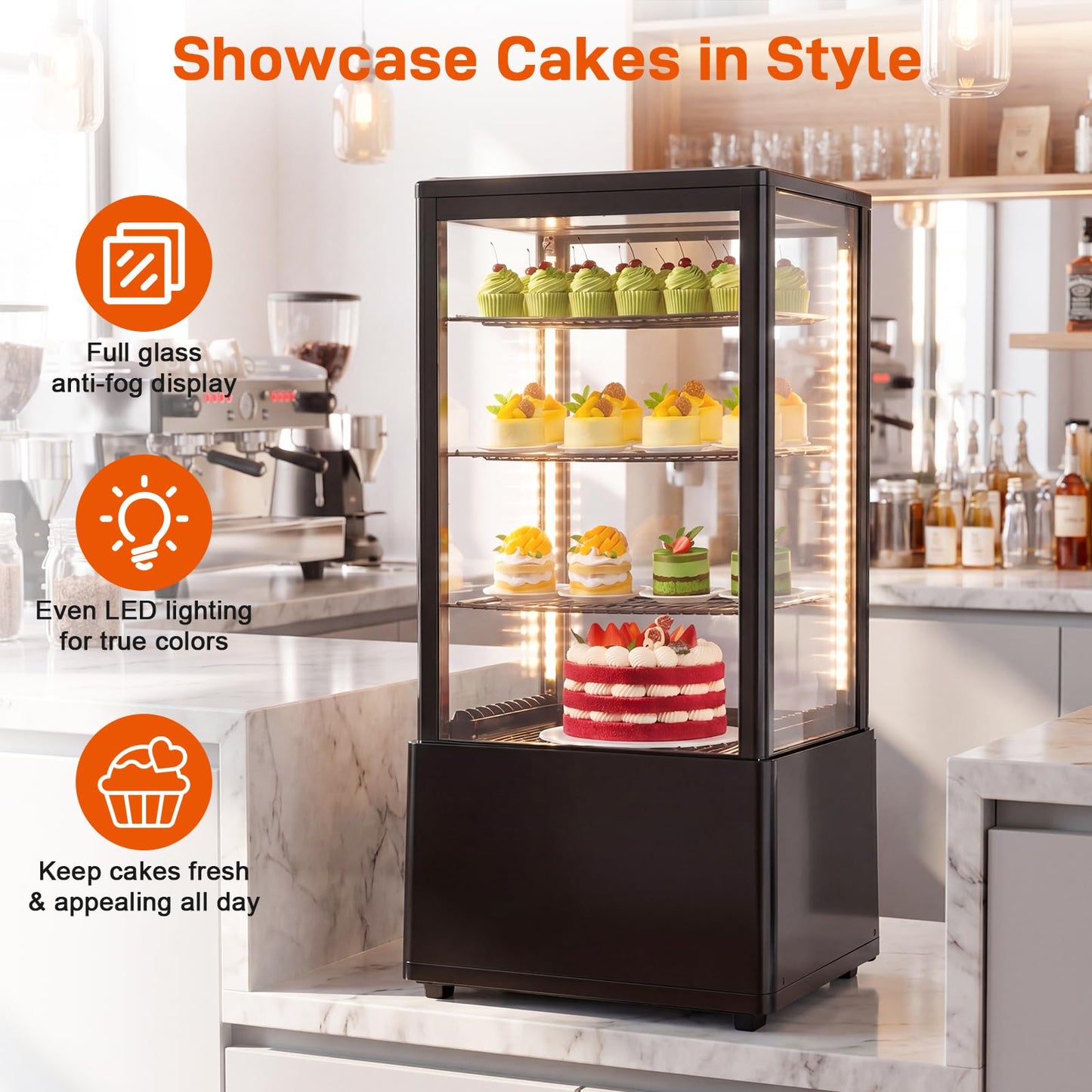 Commercial Cake Display Refrigerator, 78L Countertop Glass Cooler with LED Light, 32-53.6°F Digital Thermostat, Frost-Free Pastry Showcase for 11" Cake, Tempered Glass & Rear Door for Bakery/Cafe/Home
