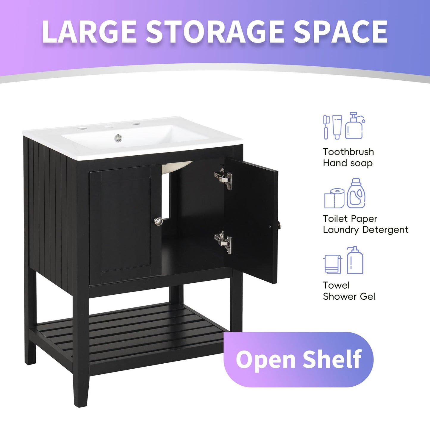 24" Bathroom Vanity with Ceramic Sink Top Set, Cabinet with Adjustable Shelf and Open Storage Space, Soft-Closing Door, Solid Wood Frame, Black