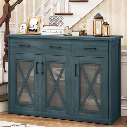 Giantex Farmhouse Buffet Cabinet w/Fluted Glass Doors, 47'' Kitchen Sideboard w/ 2 Drawers & Adjustable Shelves, Rustic Coffee Bar Cabinet w/Anti-Tip Device for Dining Room Living Room (Turquoise,1)