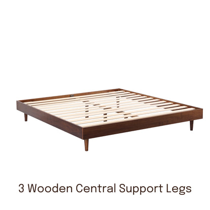 NTC Fly Wooden Bed Frame Without Headboard, Crafted from Walnut, Rubber Wood with Silent Slats and Wood Central Supports, 1000 Lb Capacity, Effortless Assembly, King - Dark Walnut
